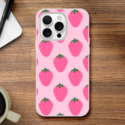Cute pink strawberry iPhone case for 13-16, kawaii fruit pattern on a pink background.