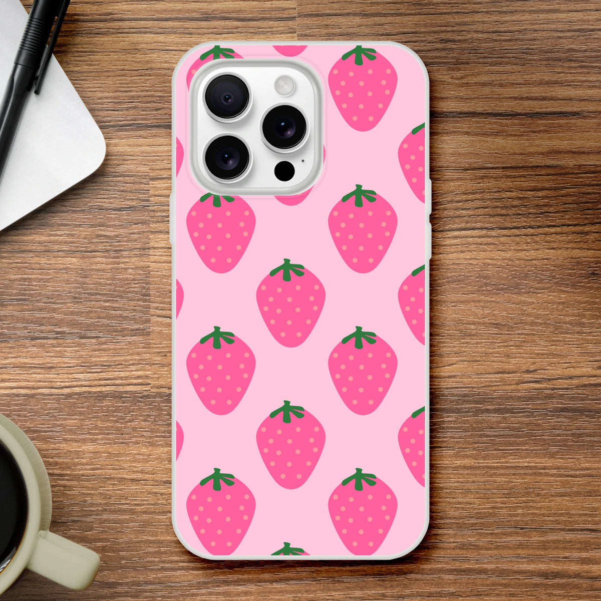 Cute pink strawberry iPhone case for 13-16, kawaii fruit pattern on a pink background.