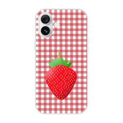 Pink strawberry-gingham iPhone case for 13-16 with a matte finish and playful print.