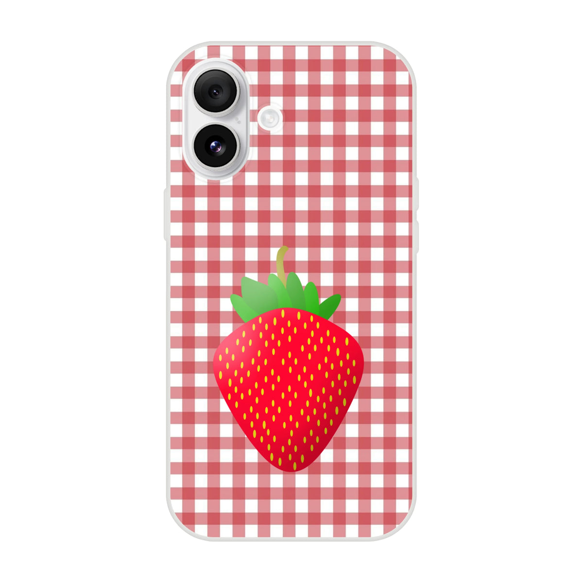 Pink strawberry-gingham iPhone case for 13-16 with a matte finish and playful print.