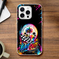Flat Out Car Culture iPhone case featuring Urban Palm Trees racing flag design with vibrant splatter art and bold retro sunset graphics.