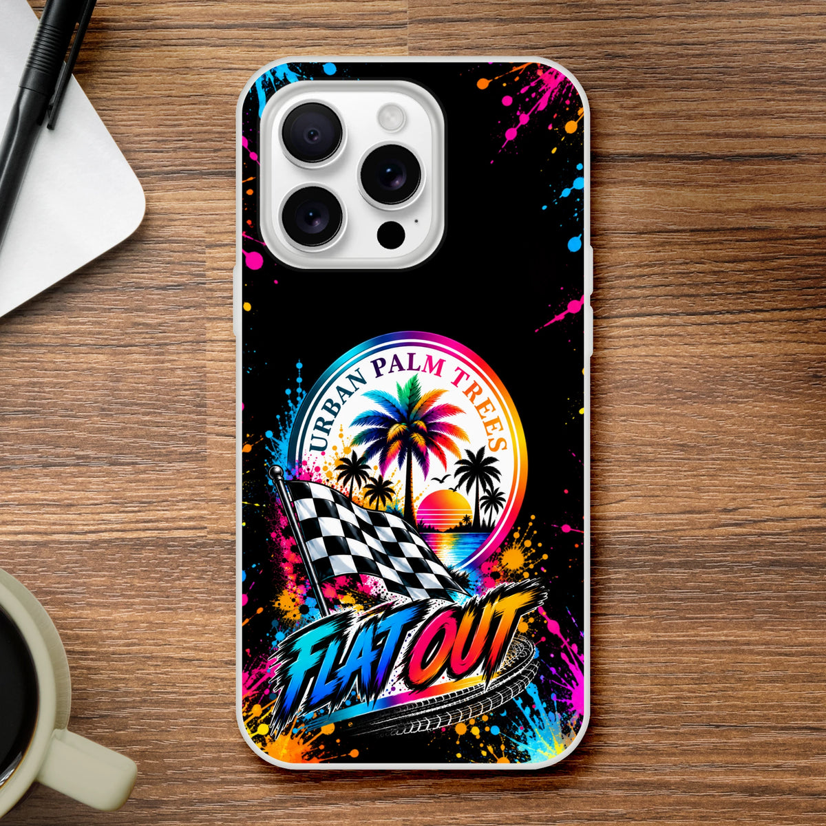 Flat Out Car Culture iPhone case featuring Urban Palm Trees racing flag design with vibrant splatter art and bold retro sunset graphics.