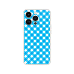 Blue gingham iPhone case for 13–16 with a preppy checkered pattern and camera cutouts