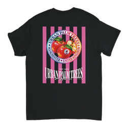 Black t-shirt back featuring retro red apples graphic with pink vertical stripes and Urban Palm Trees Apparel text.