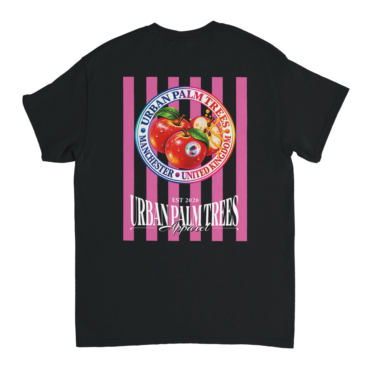 Black t-shirt back featuring retro red apples graphic with pink vertical stripes and Urban Palm Trees Apparel text.