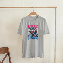 Grey streetwear tee featuring a retro colored graphic of a DJ gorilla wearing headphones with Future Beats Evolution text.