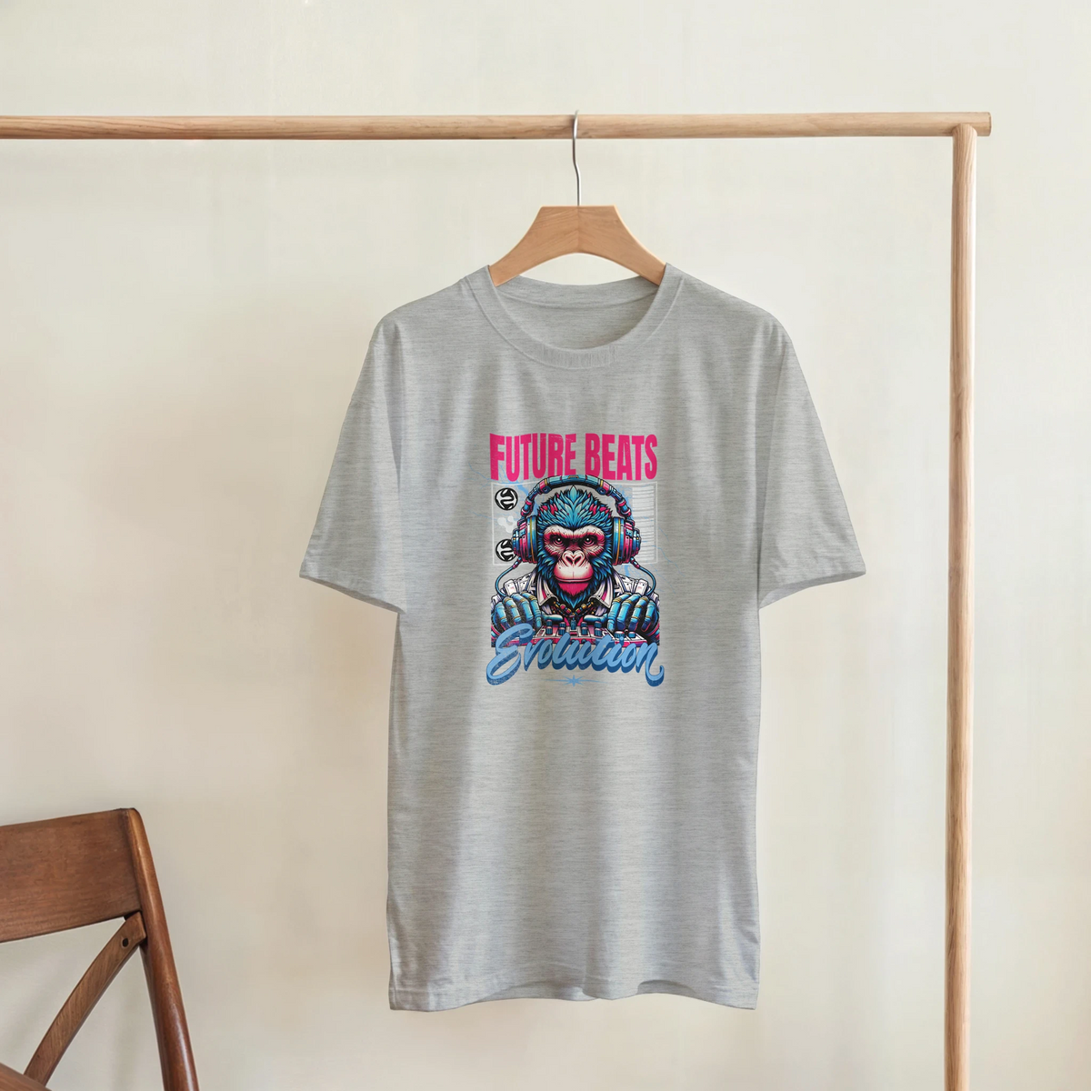 Grey streetwear tee featuring a retro colored graphic of a DJ gorilla wearing headphones with Future Beats Evolution text.
