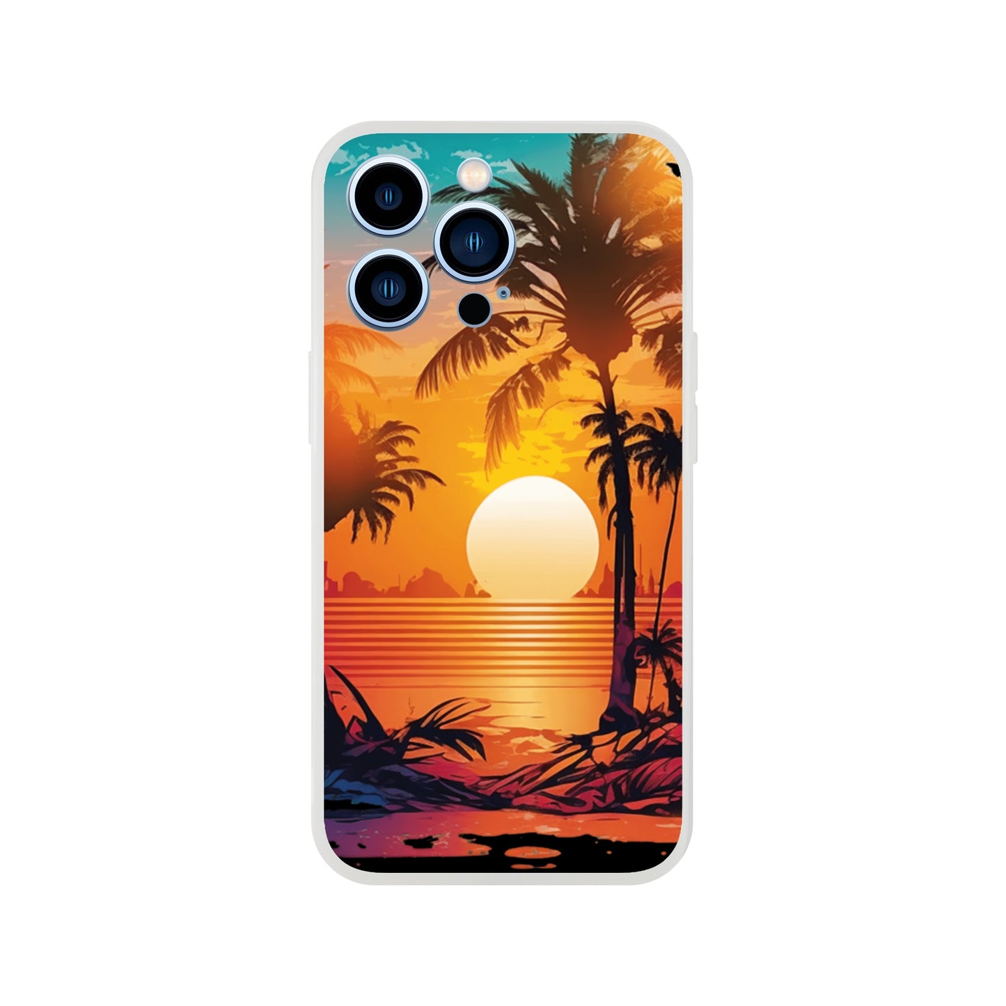 iPhone case with a sunset and palm tree design on a white background 3