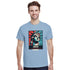 Light-blue New York graphic men's T-shirt with Statue of Liberty poster, soft cotton blend, sizes S to XL.