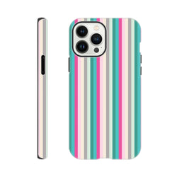 Retro pink and aqua vertical stripe tough iPhone case providing durable city-style protection for daily carry.