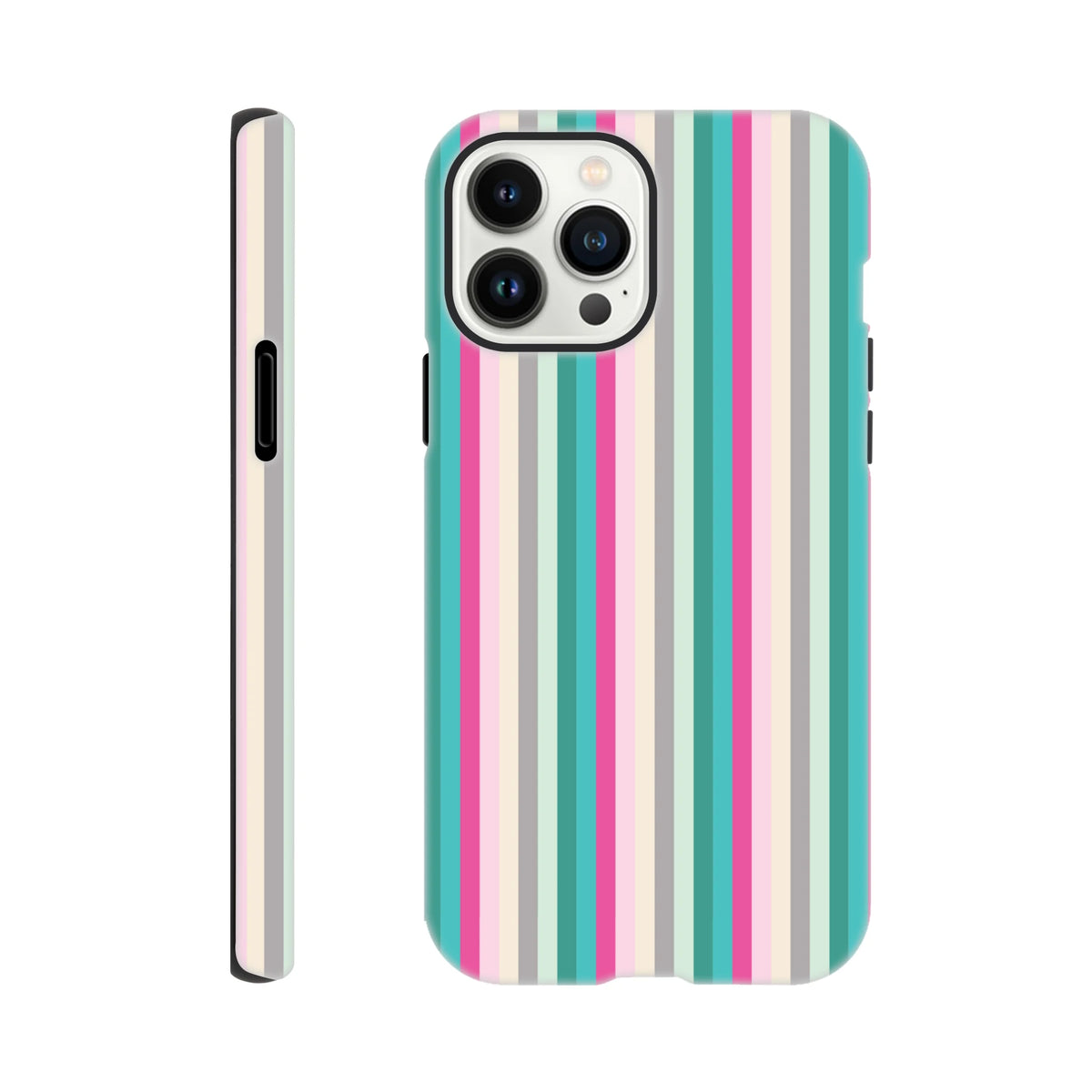 Retro pink and aqua vertical stripe tough iPhone case providing durable city-style protection for daily carry.