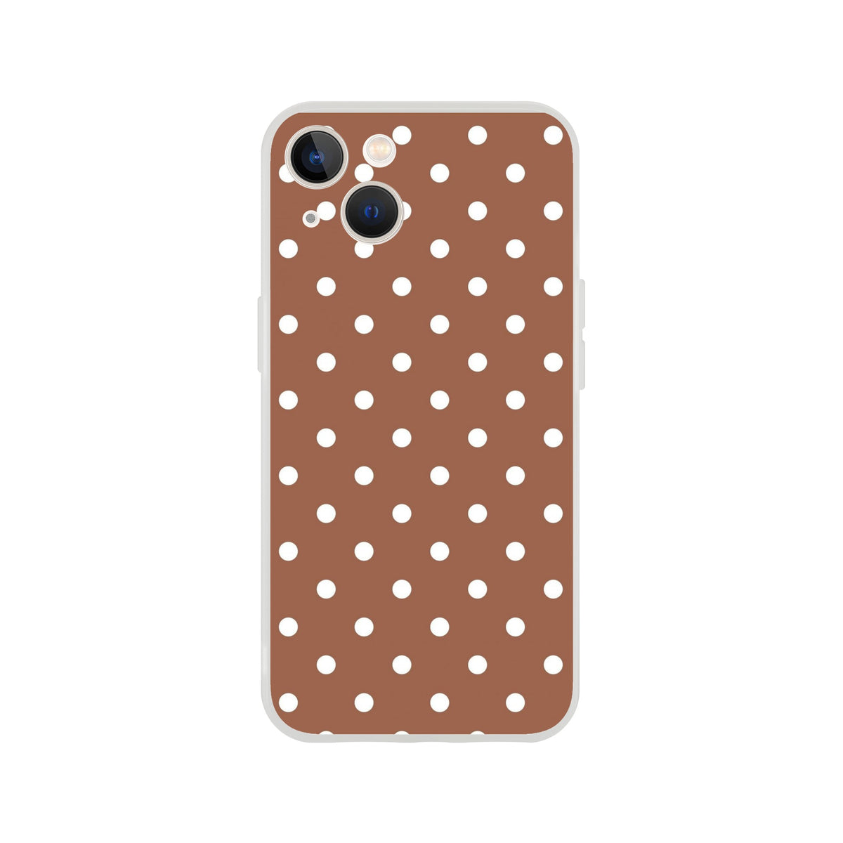 Brown and white polka dot retro iPhone case with matte finish and shock-absorbing TPU protection for models 13-16.