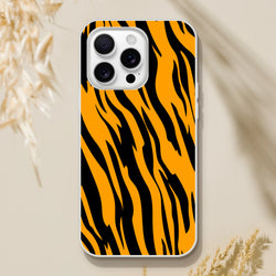 Orange and black tiger-print iPhone case for iPhone 13–16; slim matte shell with bold animal aesthetic.