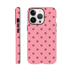 Pink and brown polka dot tough iPhone case featuring a cute design with shock-absorbing TPU protection for daily bumps.