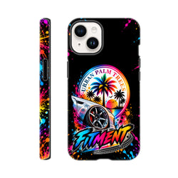 Fitment iPhone case with modified car, urban palm trees sunset graphic, and colorful paint splatter wraparound design.