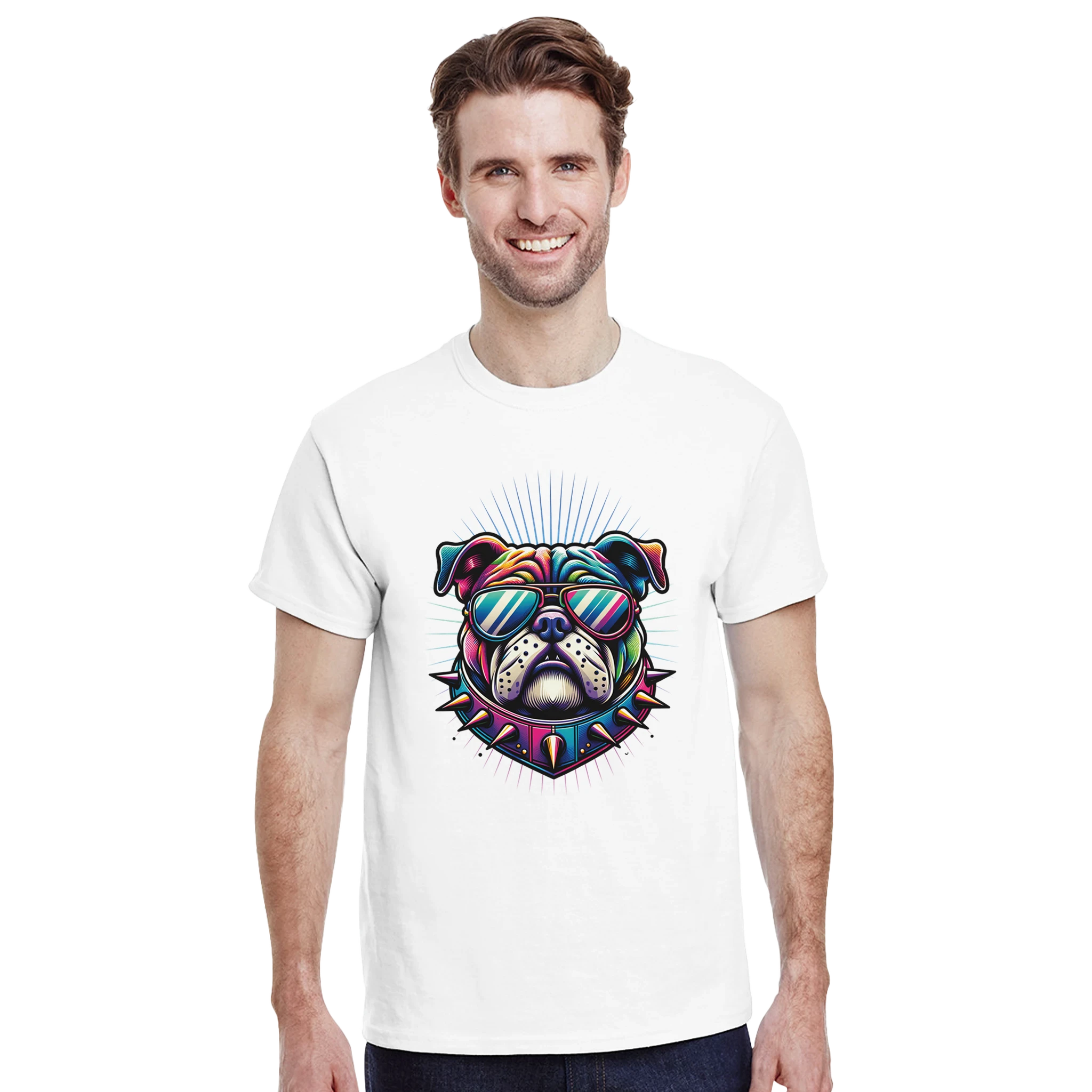 Man wearing white Dog T Shirt - Men's Graphic Tee with a colorful bulldog graphic, sunglasses, and spiked collar.