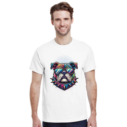 Man wearing white Dog T Shirt - Men's Graphic Tee with a colorful bulldog graphic, sunglasses, and spiked collar.