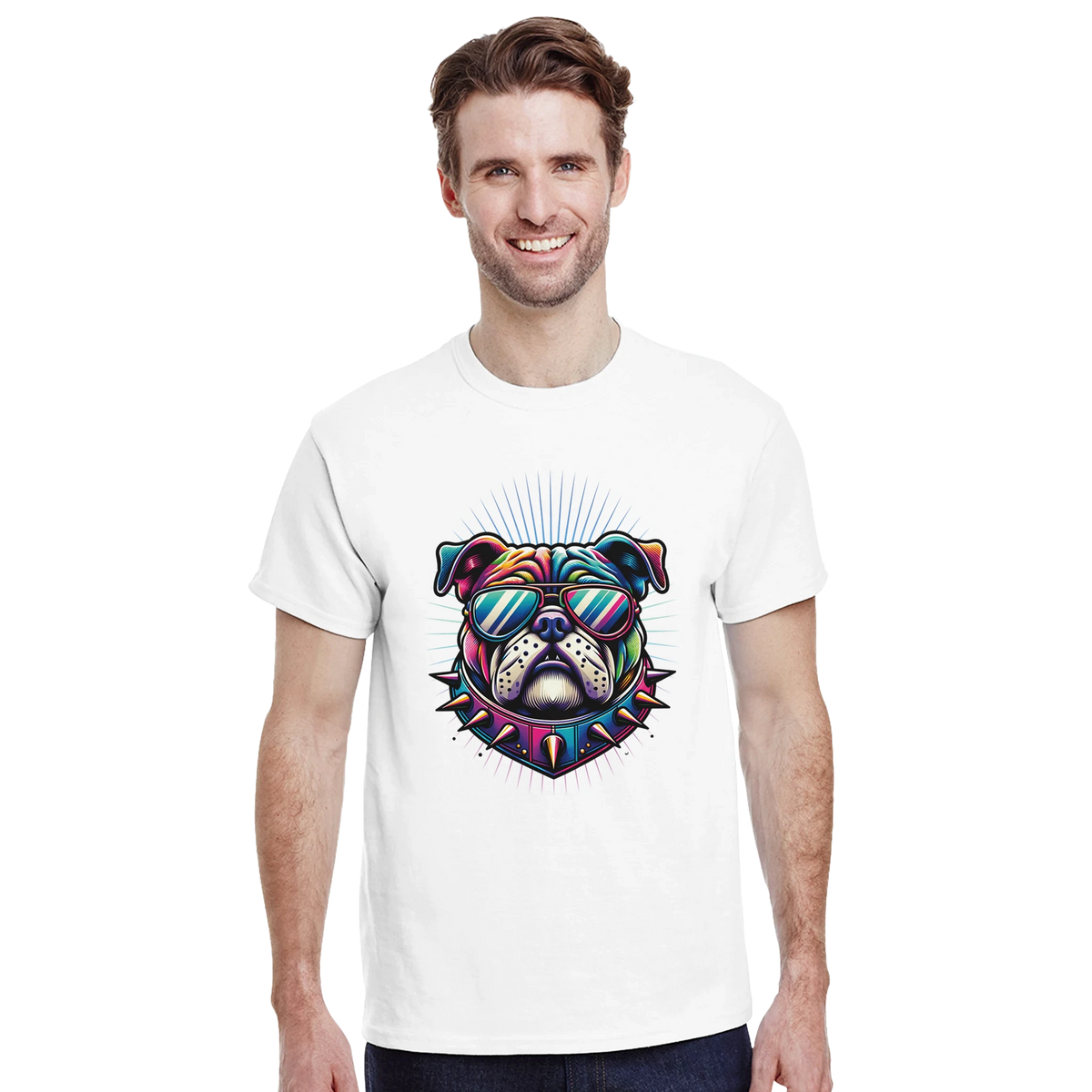 Man wearing white Dog T Shirt - Men's Graphic Tee with a colorful bulldog graphic, sunglasses, and spiked collar.