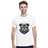 Man wearing white Dog T Shirt - Men's Graphic Tee with a colorful bulldog graphic, sunglasses, and spiked collar.