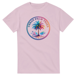 Urban Palm Trees Tee for Men with a colorful palm-tree circle on pastel pink, retro streetwear vibe.
