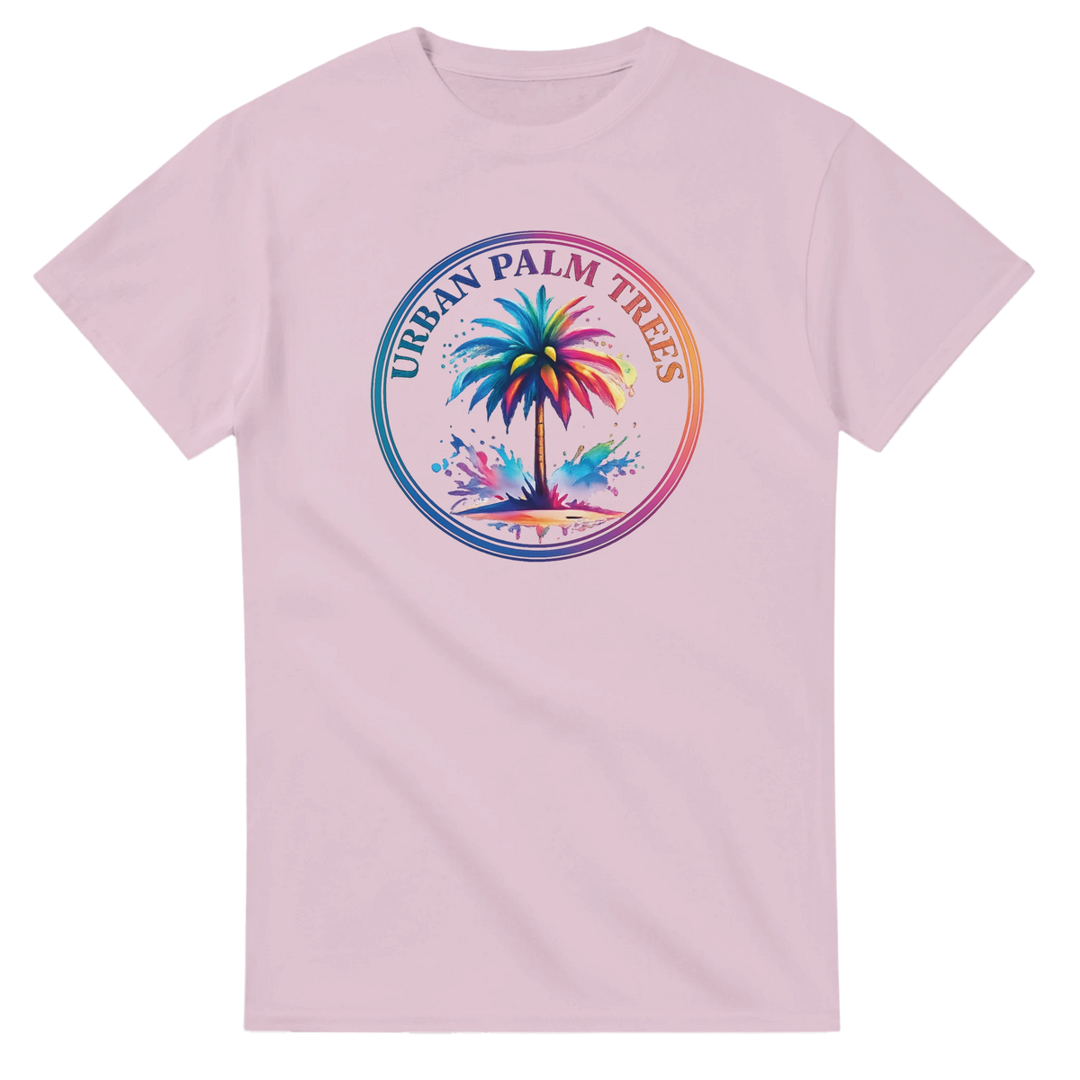 Urban Palm Trees Tee for Men with a colorful palm-tree circle on pastel pink, retro streetwear vibe.