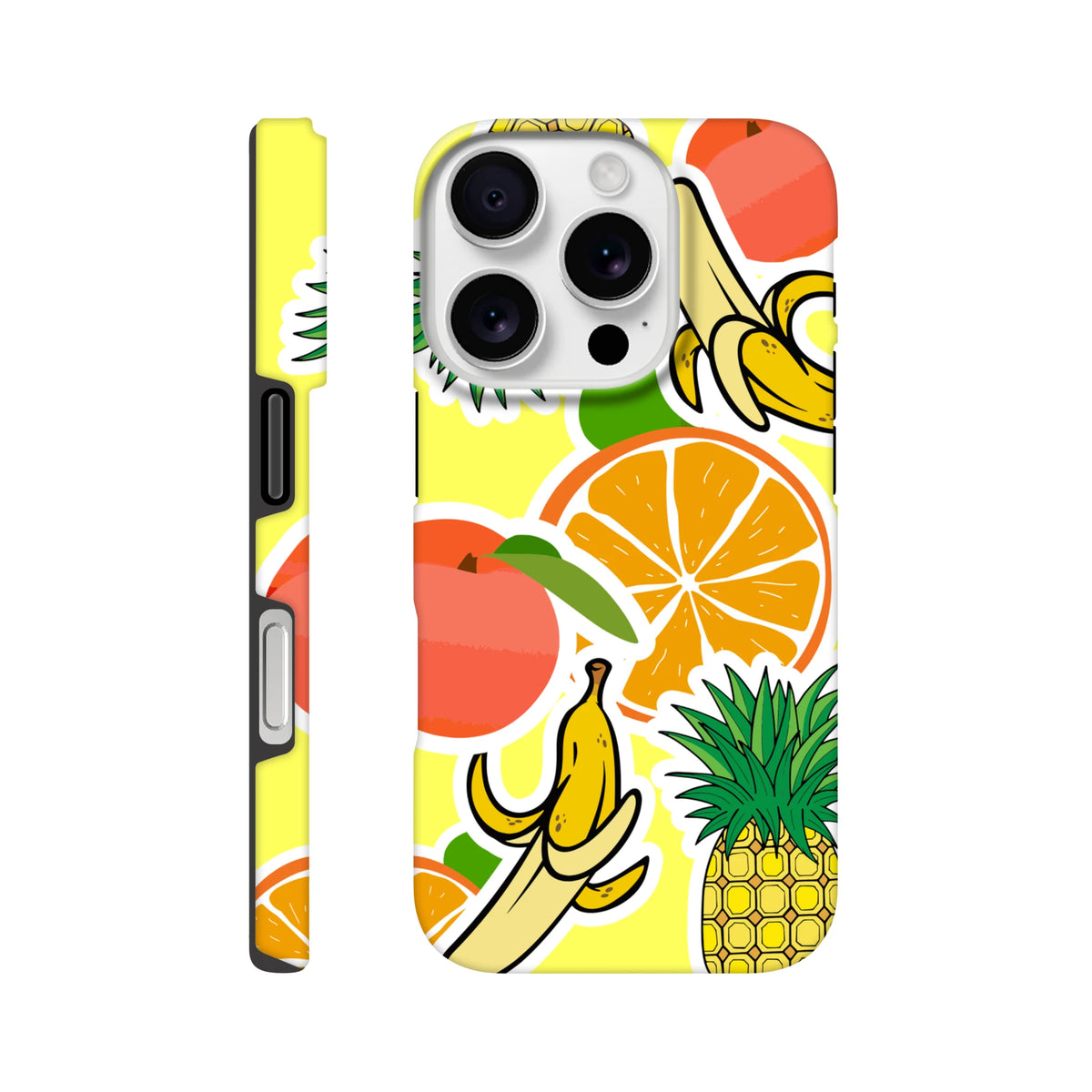Yellow iPhone case with sticker-style tropical fruit design featuring orange, banana, and pineapple graphics on a bright background.