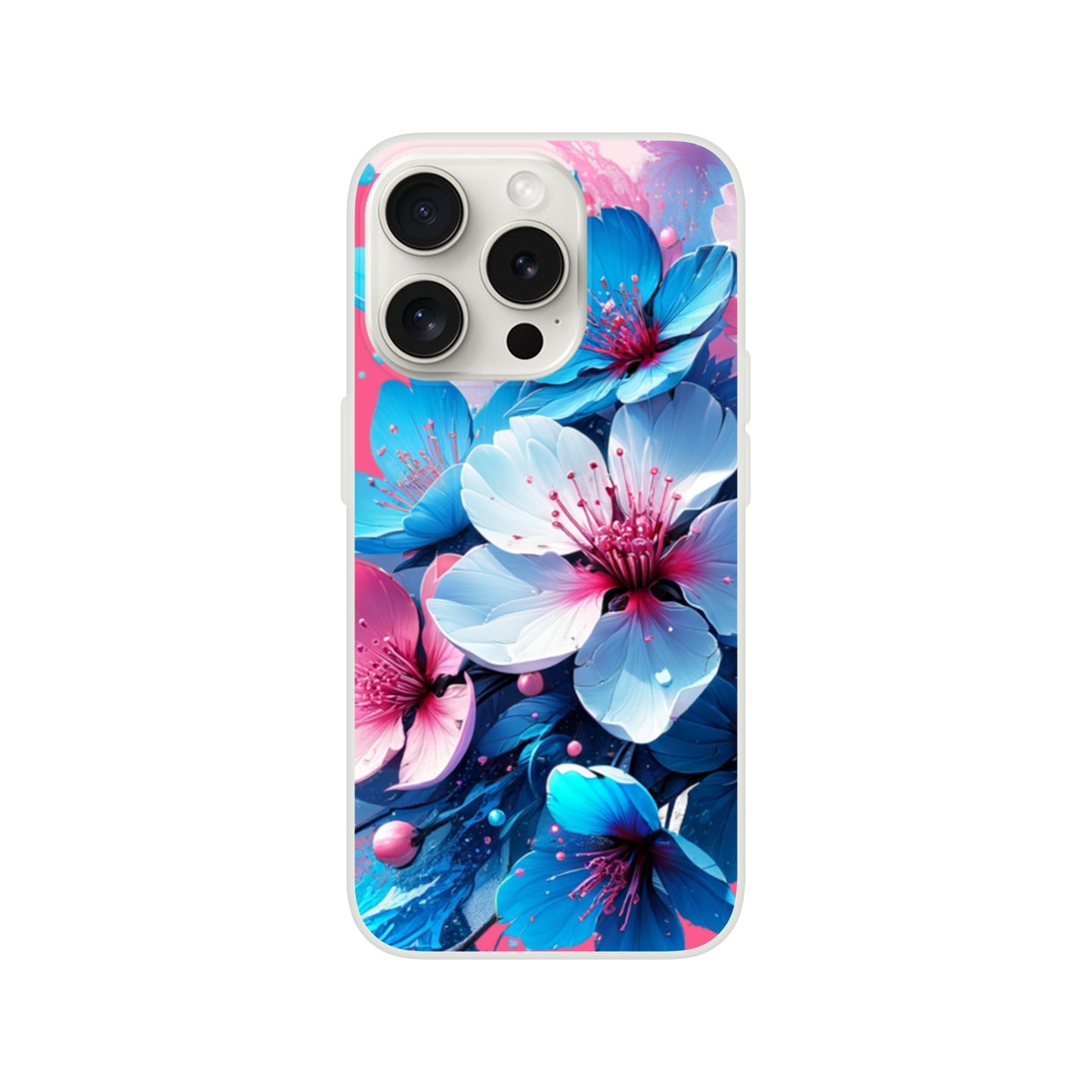 iPhone case with blue and pink floral design on a white background 14