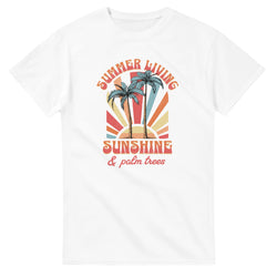 White cotton-blend women's tee with retro palm trees, sunburst rays, and Sunshine & palm trees graphic.