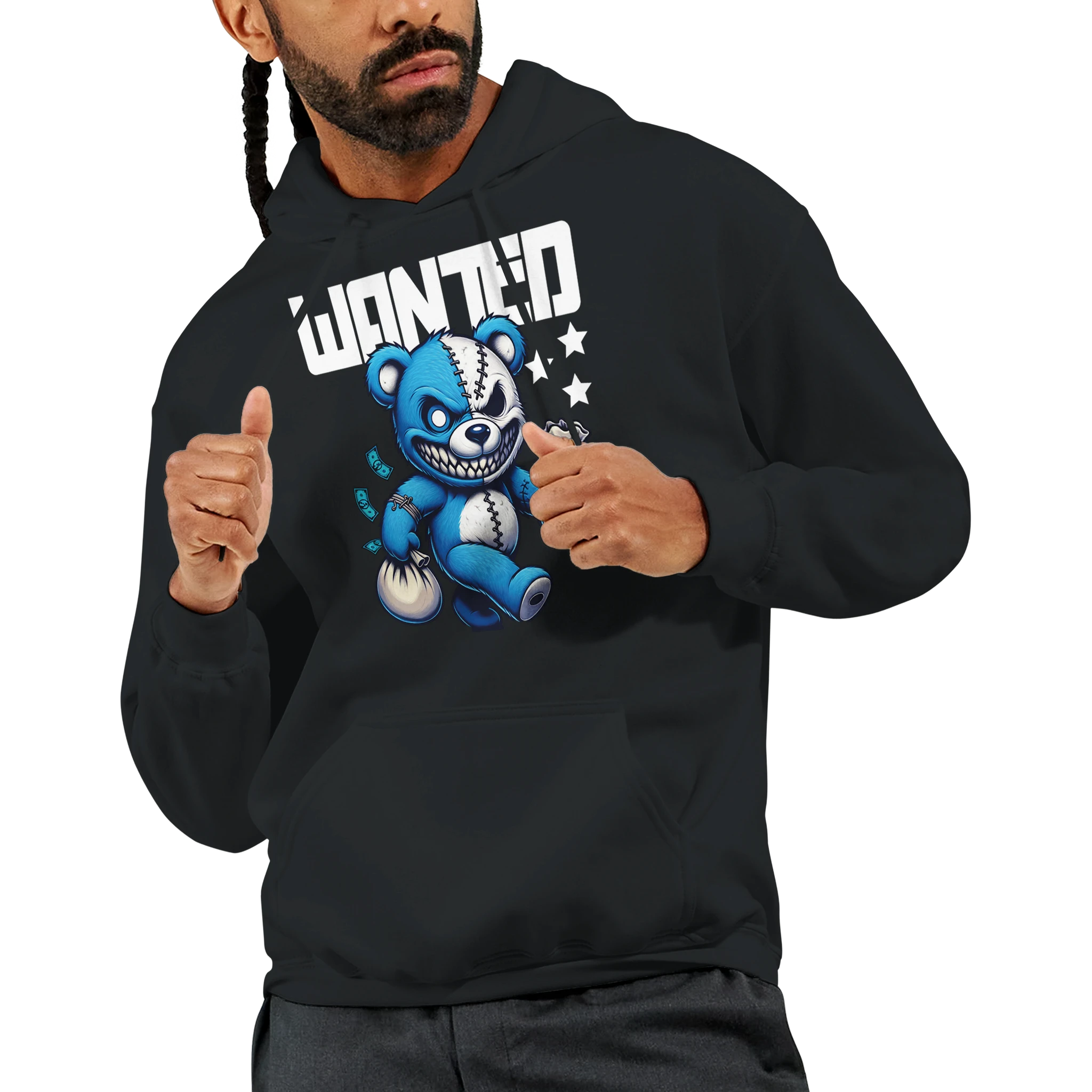 Man wearing black men's Wanted Teddy Bear Hoodie with blue bear graphic and WANTED text; 50/50 cotton-poly blend.