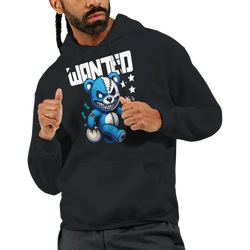 Man wearing black men's Wanted Teddy Bear Hoodie with blue bear graphic and WANTED text; 50/50 cotton-poly blend.