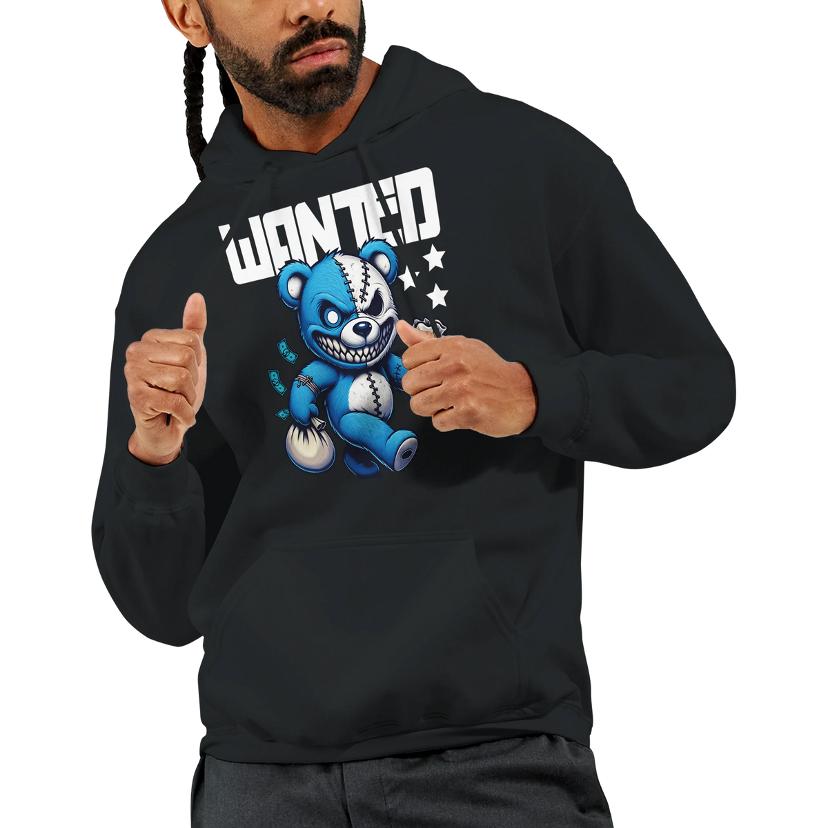 Man wearing black men's Wanted Teddy Bear Hoodie with blue bear graphic and WANTED text; 50/50 cotton-poly blend.