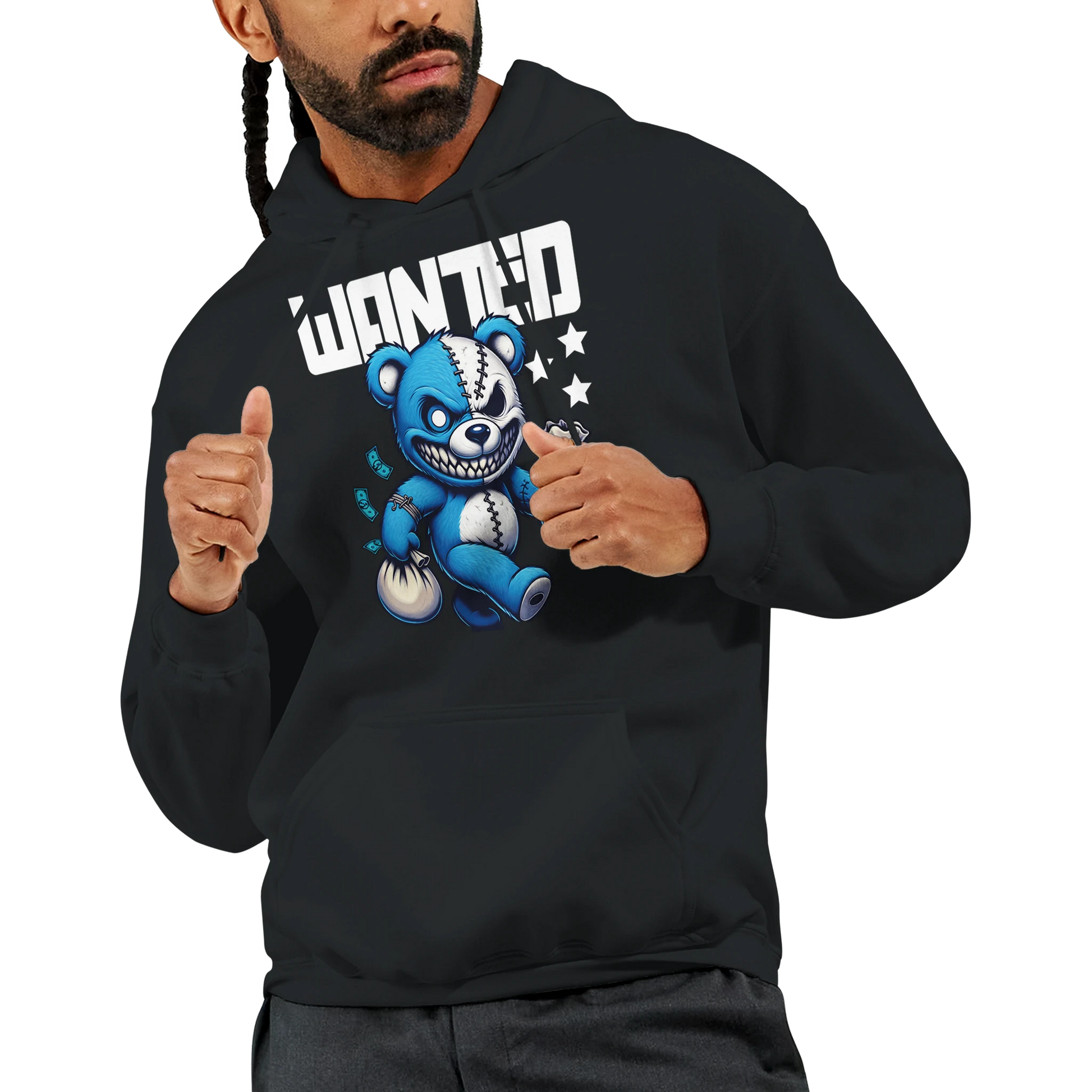 Person wearing a black men's teddy bear hoodie with a blue bear graphic and 'WANTED' text. 1