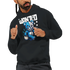 Man wearing black men's Wanted Teddy Bear Hoodie with blue bear graphic and WANTED text; 50/50 cotton-poly blend.