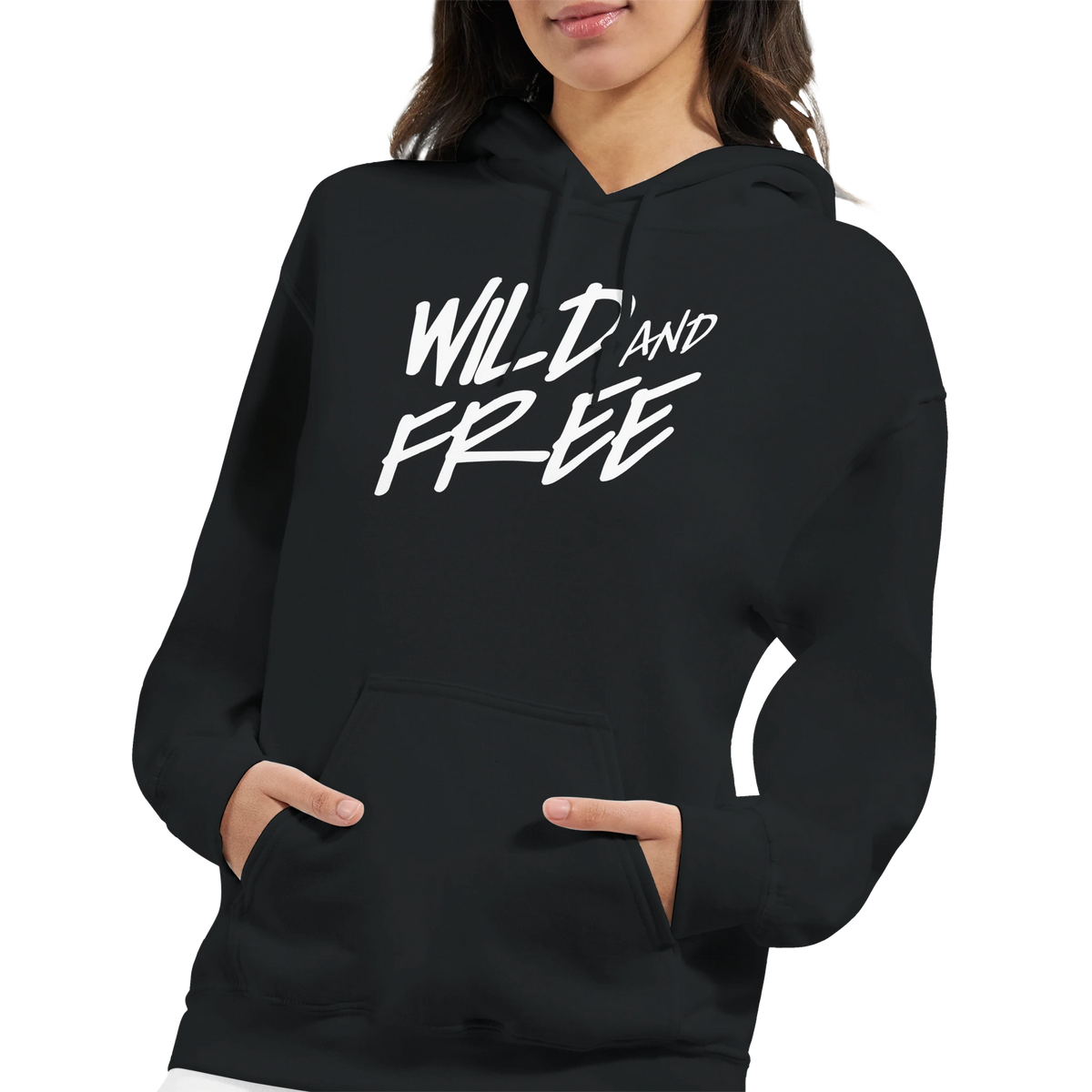 Woman in black 'Cute Wild And Free Hoodie' with bold white 'WILD AND FREE' slogan on chest.