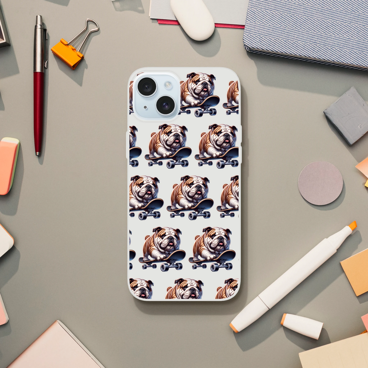 White iPhone case with a repeating bulldog-on-skateboard pattern for iPhone 13–16
