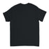 Black men's crew-neck T-shirt, back view, short sleeves, plain cotton-blend fabric.