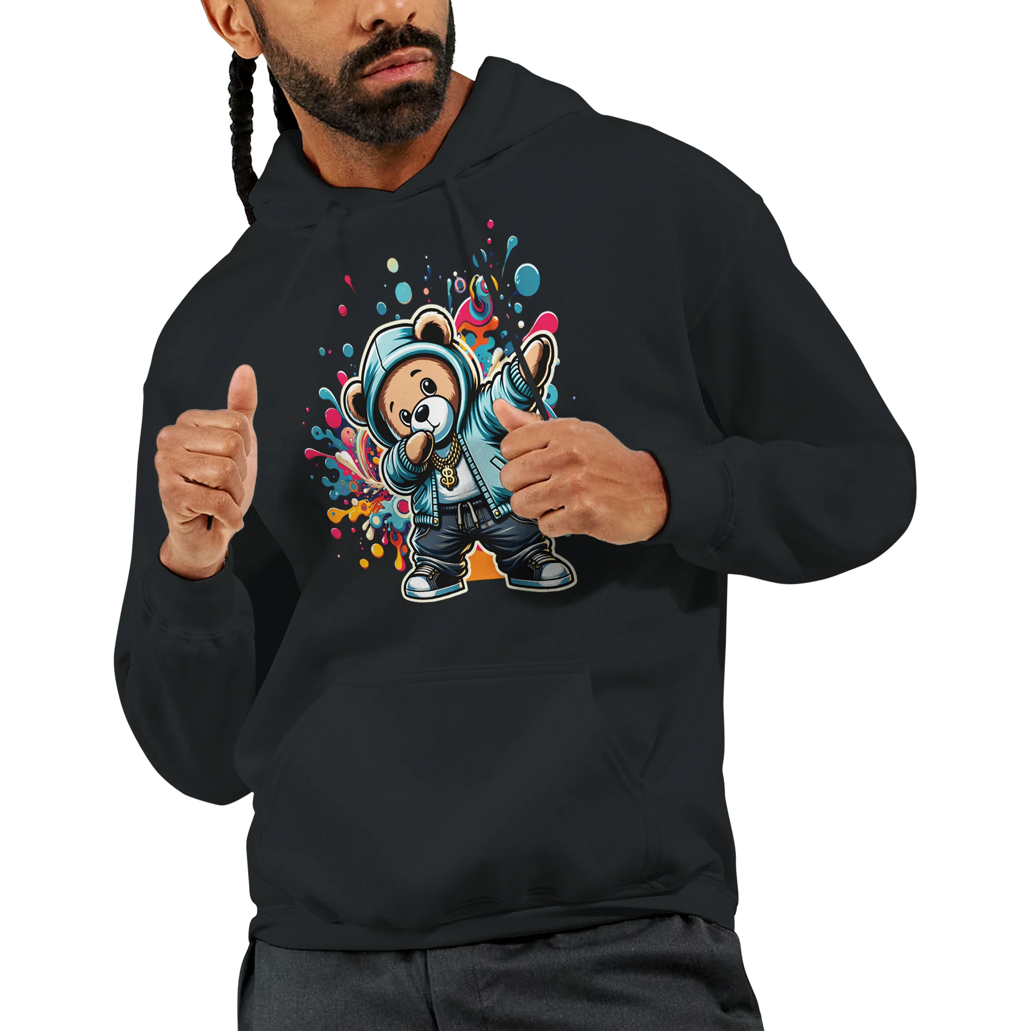 Man wearing a black hoodie with a colorful teddy bear graphic on the chest.