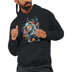 Man wearing a black hoodie with a colorful teddy bear graphic on the chest.