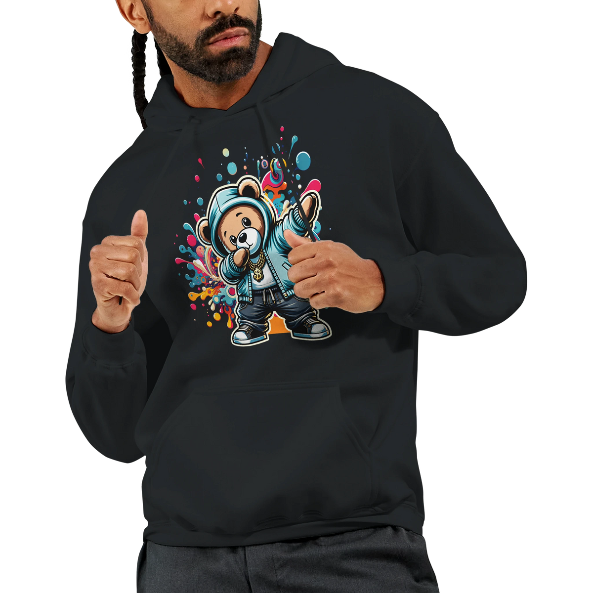 Man wearing a black hoodie with a colorful teddy bear graphic on the chest.