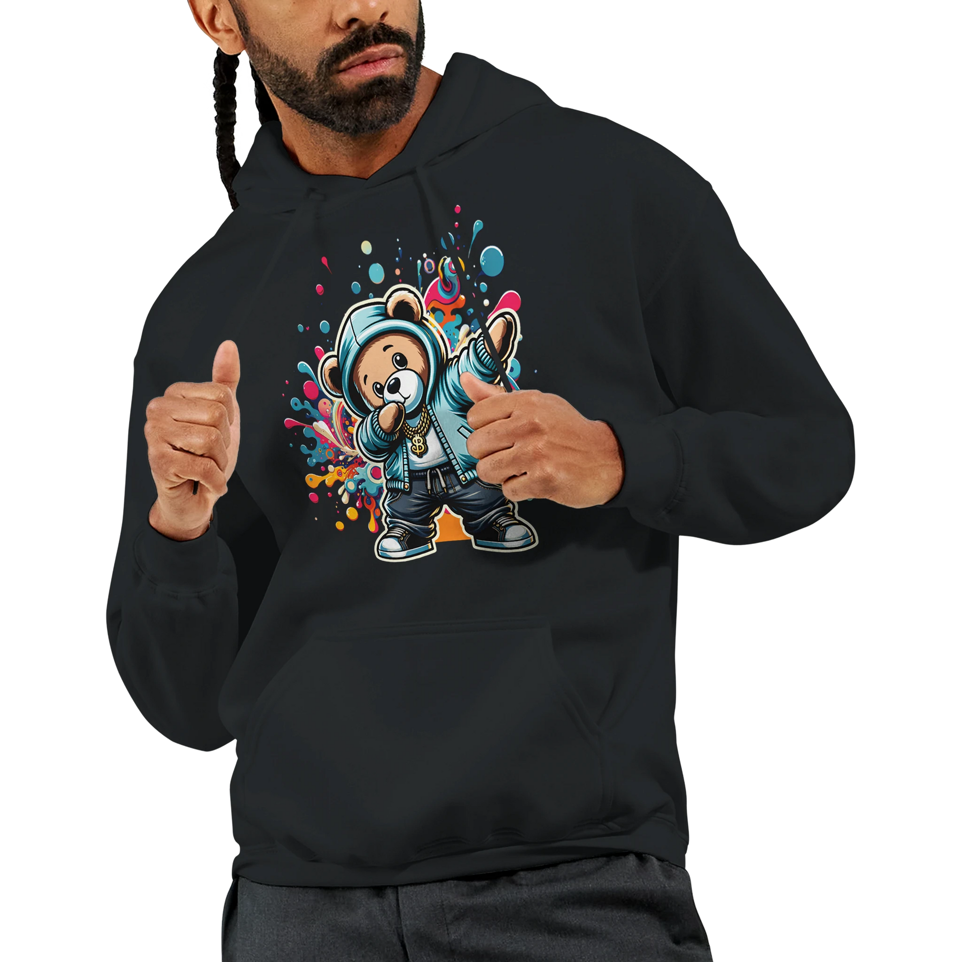 Person wearing a black men's teddy bear hoodie with a colorful graphic of a bear holding ice cream cones. 4