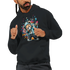 Man wearing a black hoodie with a colorful teddy bear graphic on the chest.