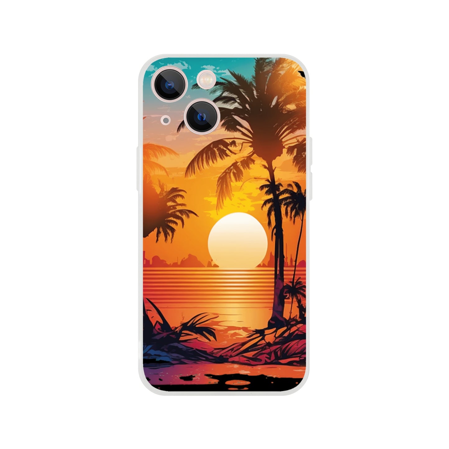 iPhone case with a tropical sunset design featuring palm trees and a setting sun 4