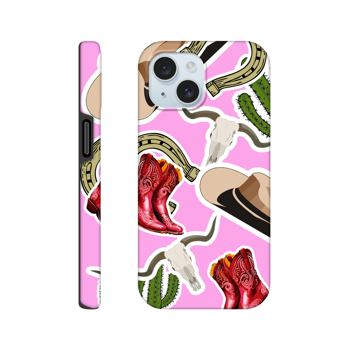 Pink western tough iPhone case featuring red cowboy boots, cactus, horseshoe, and cow skull desert motifs for drop resistance.