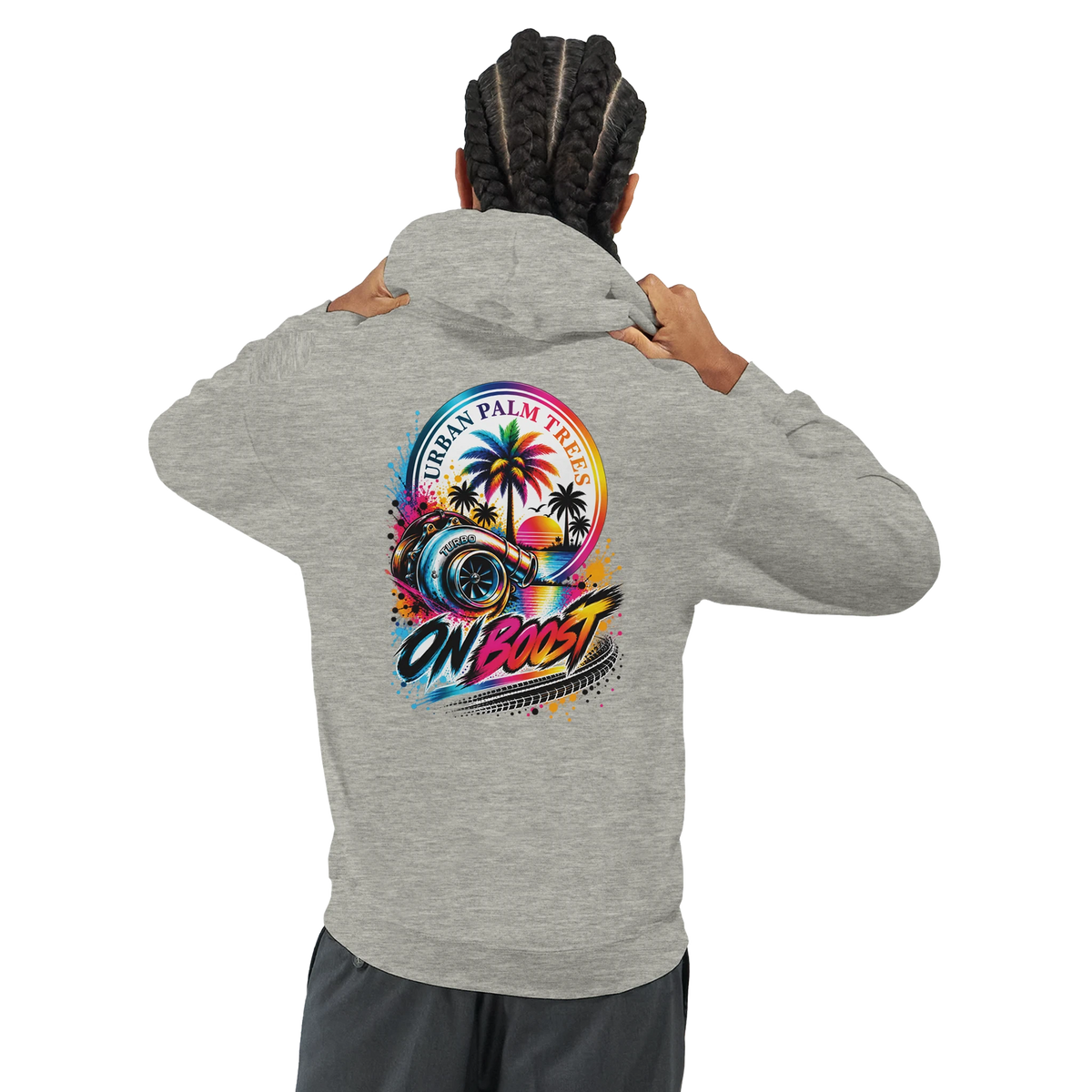 Gray men's hoodie featuring vibrant back print with turbocharger, palm trees, "On Boost" text, and retro sunset design for petrolhead streetwear.