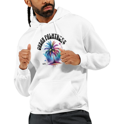 Urban Palm Trees hoodie for men with colorful palm graphic on a white modern streetwear pullover.