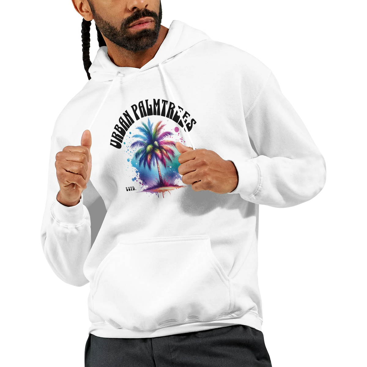 Urban Palm Trees hoodie for men with colorful palm graphic on a white modern streetwear pullover.