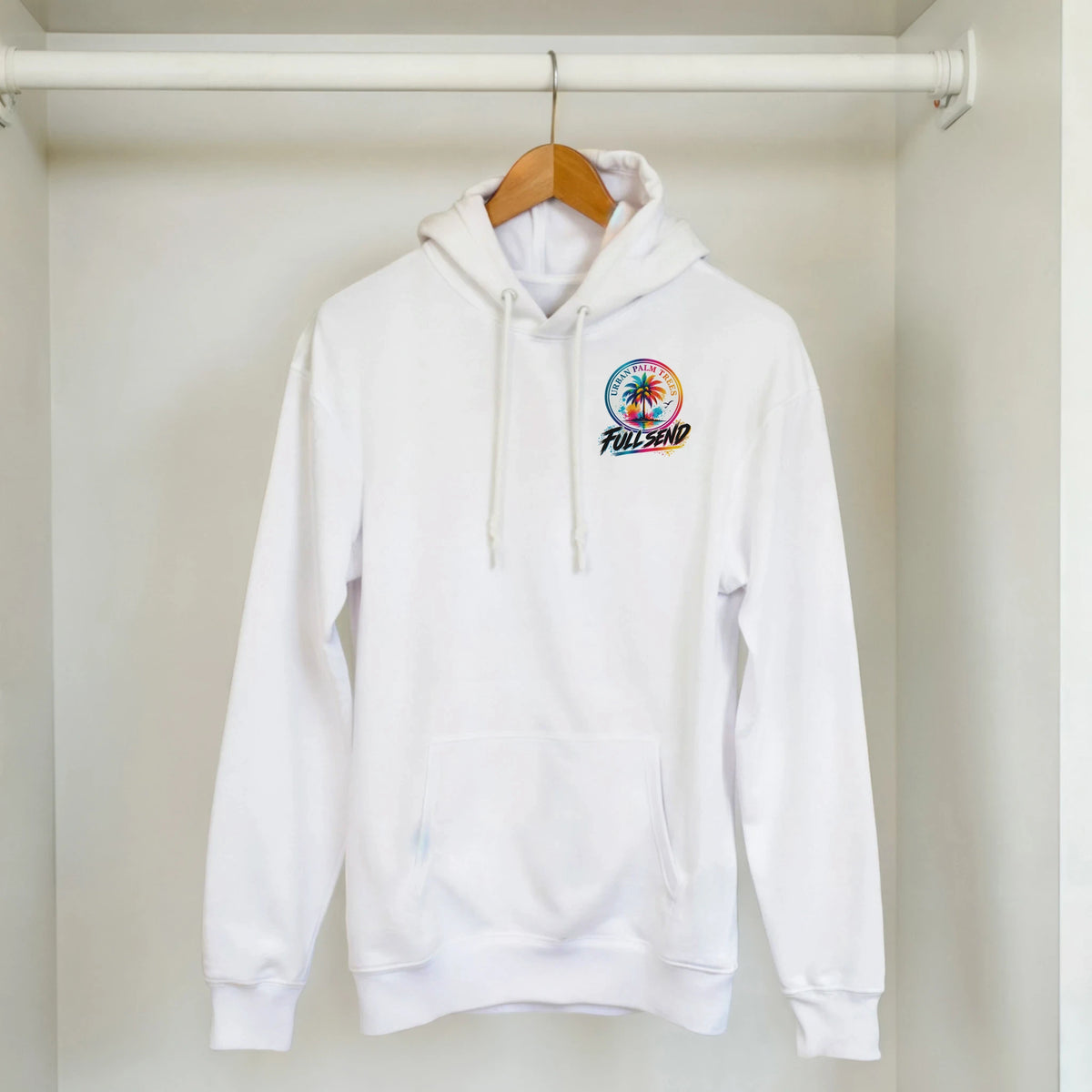 White men's petrolhead streetwear hoodie with front pouch pocket and colorful Urban Palm Trees graphic logo hanging on a wooden hanger.