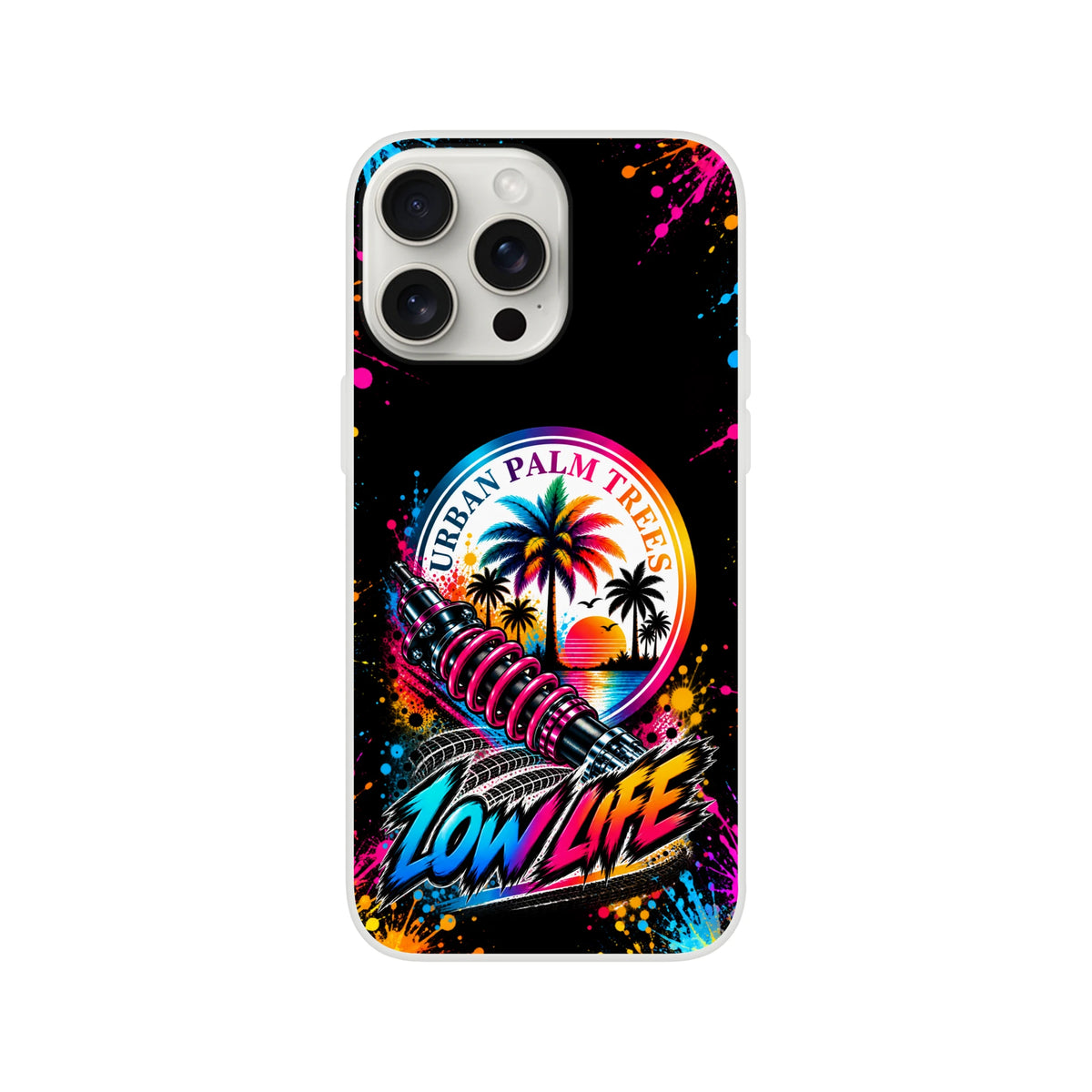 Low Life car culture iPhone case featuring a colorful shock absorber, palm trees, and "Urban Palm Trees" text against a black splatter background.