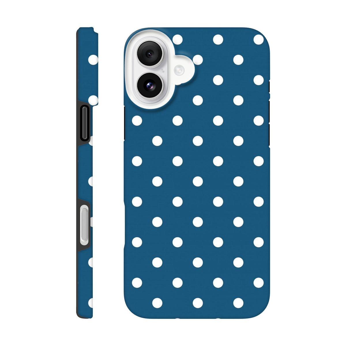 Navy blue and white polka dot tough iPhone case with wraparound graphics, shock-absorbing TPU, and precise openings for iPhone 13-16.