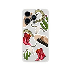 Western iPhone case featuring red cowboy boots, cactus, horseshoe, hat, and longhorn sticker graphics.